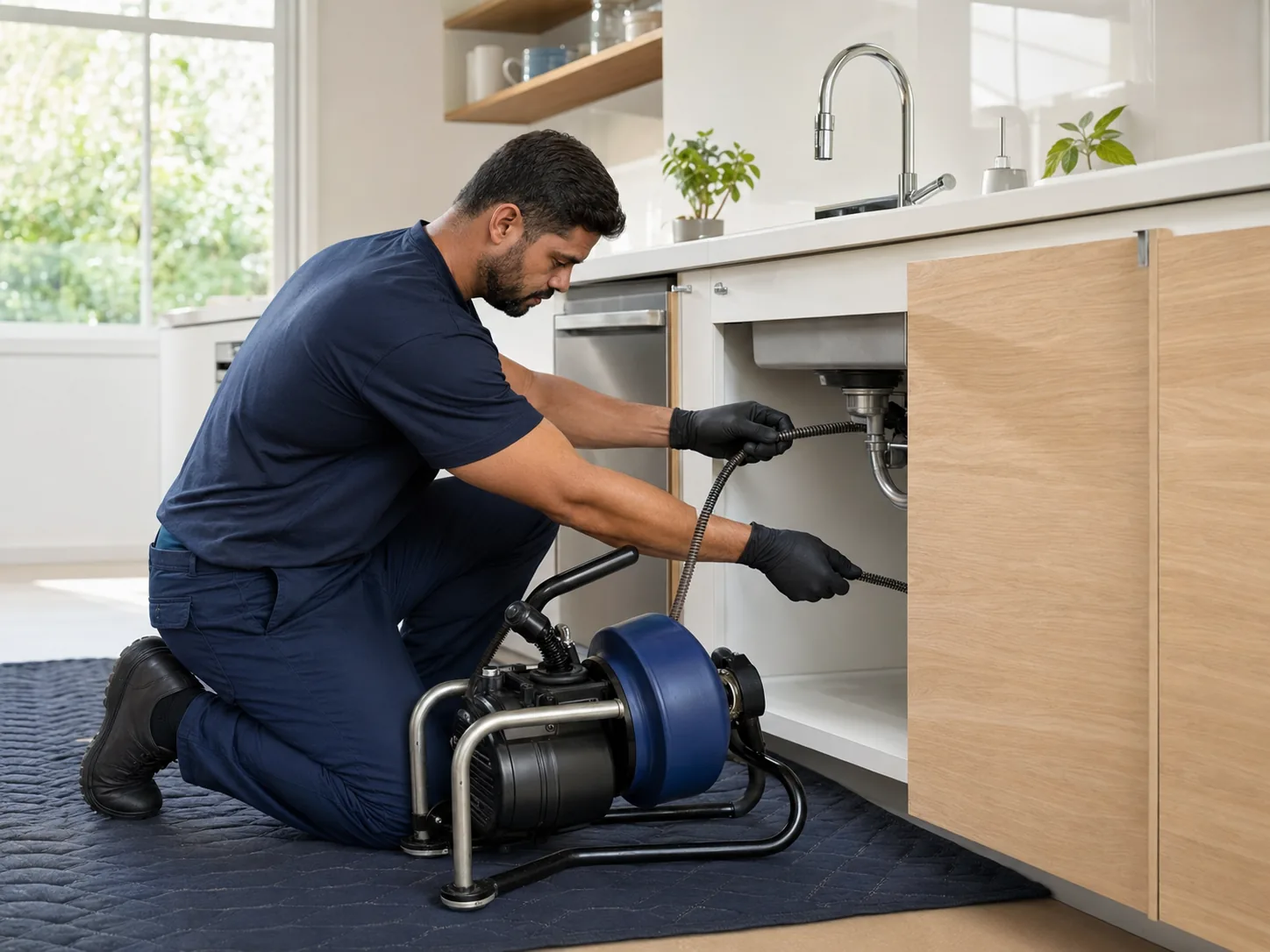 Técnico usando máquina rotativa em cozinha com piso protegido