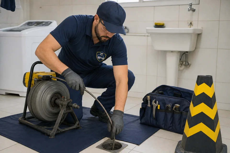 Técnico executando a desobstrução com equipamento profissional