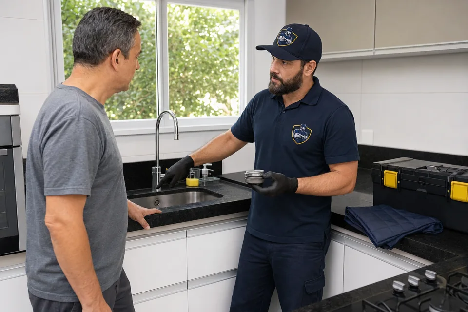 Técnico orientando o cliente após a conclusão do serviço