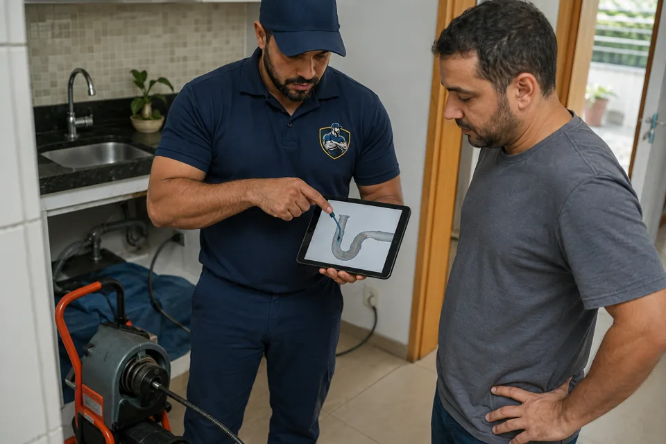 Técnico explicando ao cliente a solução indicada para a tubulação