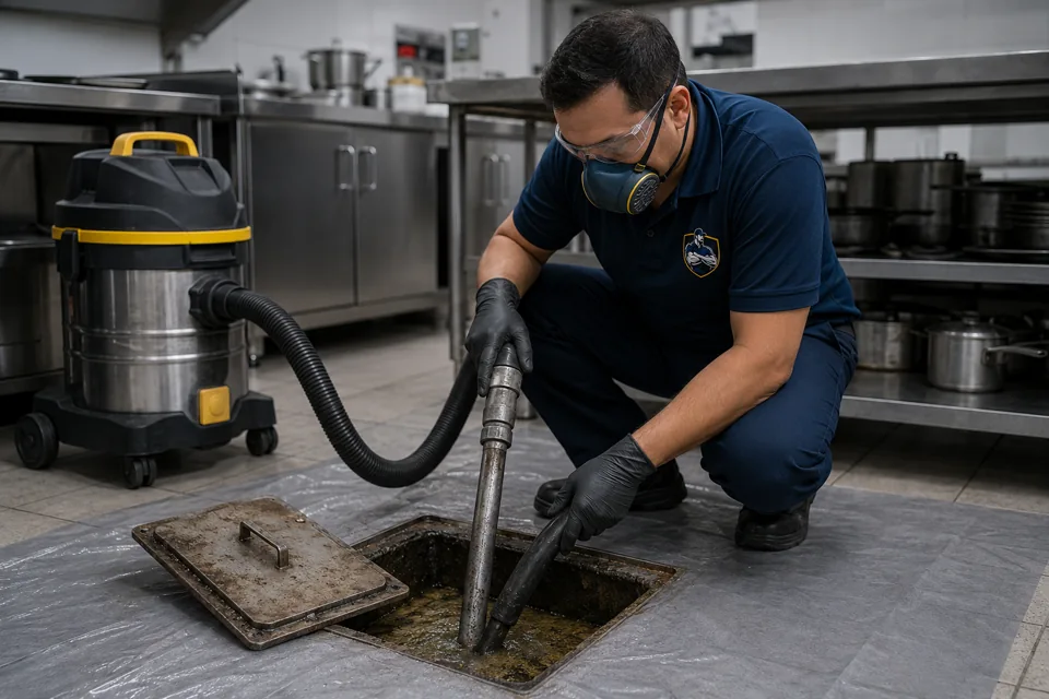 Profissional uniformizado executando limpeza técnica de caixa de gordura
