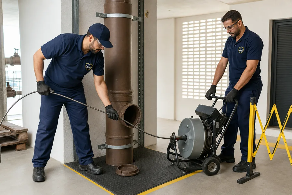 Equipe uniformizada desobstruindo o acesso de uma coluna predial vertical