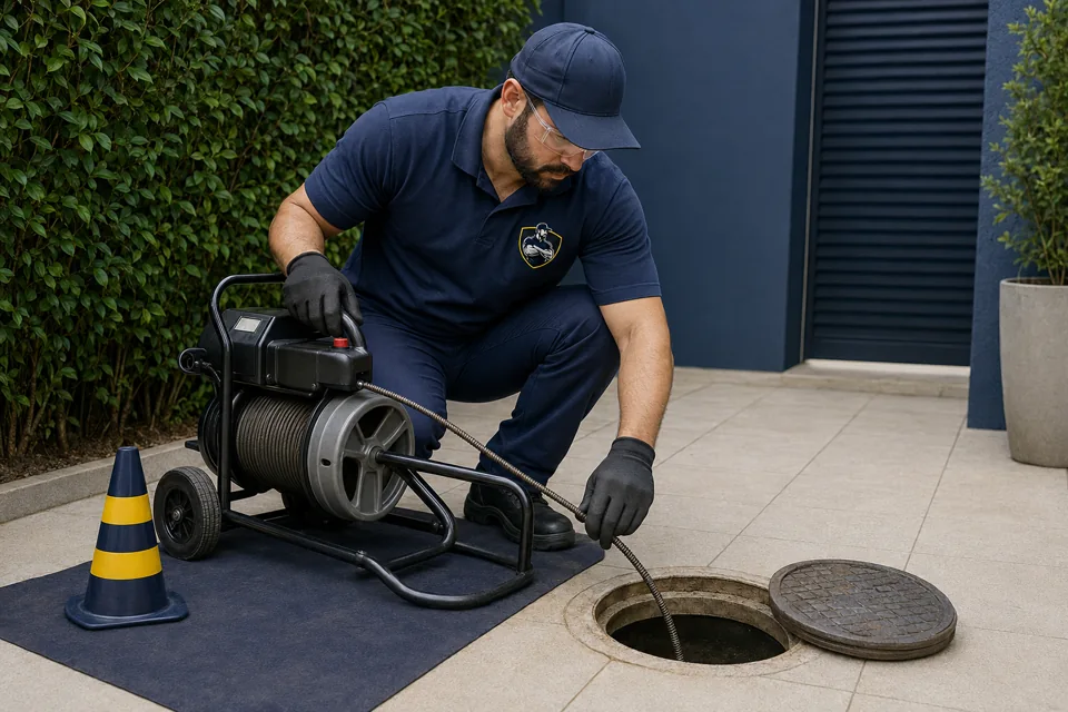 Profissional uniformizado operando máquina rotativa em acesso de rede de esgoto