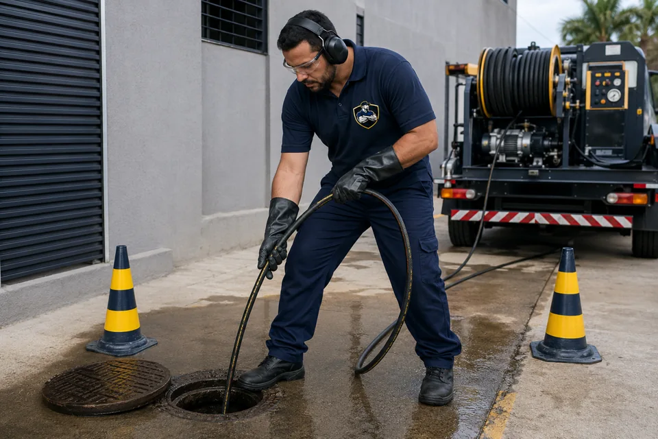 Profissional uniformizado operando equipamento de hidrojateamento em área isolada