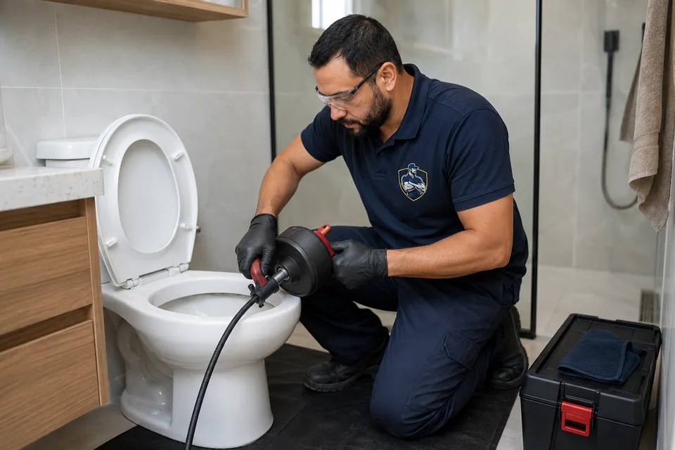 Profissional uniformizado desobstruindo vaso sanitário com equipamento adequado