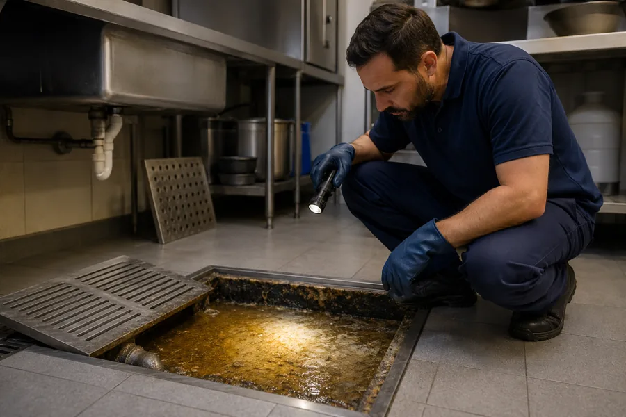 Técnico inspecionando caixa de gordura com nível elevado e acúmulo visível