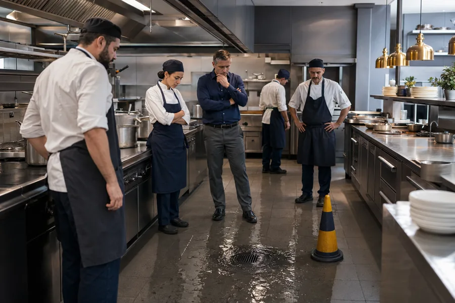 Equipe de cozinha com o trabalho interrompido por água retornando de um ralo